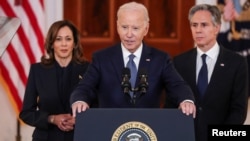 15 Ocak 2025 - ABD Başkanı Joe Biden, Beyaz Saray'da Başkan Yardımcısı Kamala Harris ve Dışişleri Bakanı Antony Blinken ile birlikte Gazze'deki ateşkes anlaşmasına ilişkin açıklamalarda bulundu.